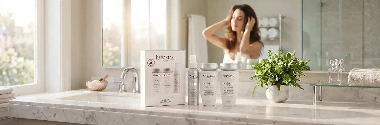 Elegant skincare collection displayed on a marble bathroom vanity with a cheerful woman enjoying her.