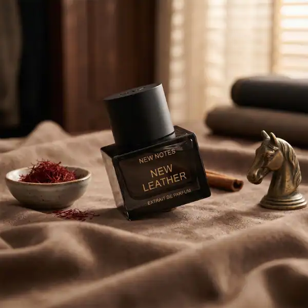 Elegant perfume bottle with "New Leather" fragrance, surrounded by a decorative horse figurine and s.