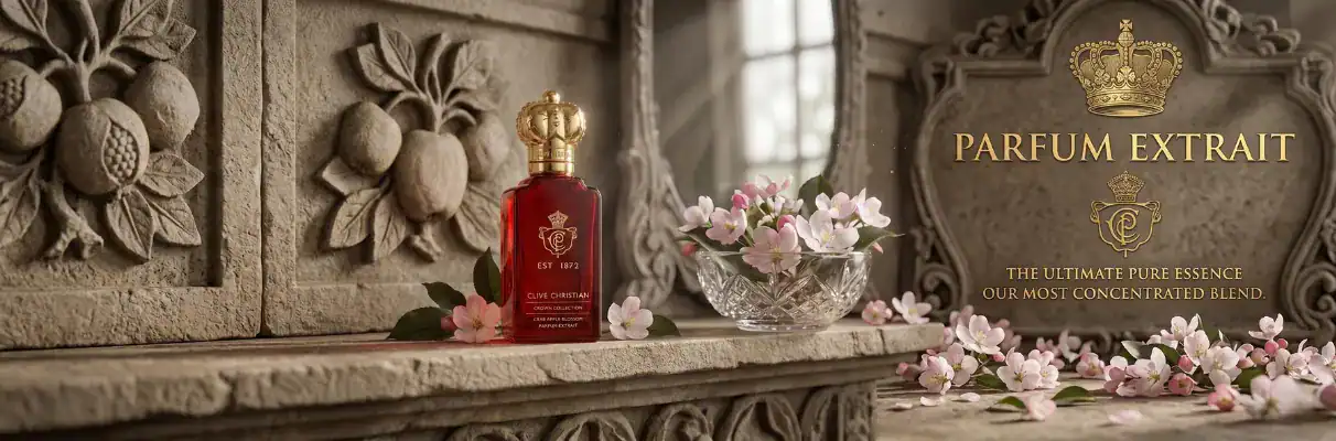 Elegant red perfume bottle with gold accents, surrounded by pink flowers and vintage decor.
