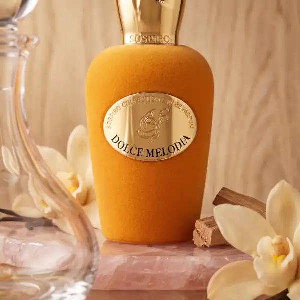 Elegant Dolce Melodia niche perfume in a gold and velvet bottle with floral accents.