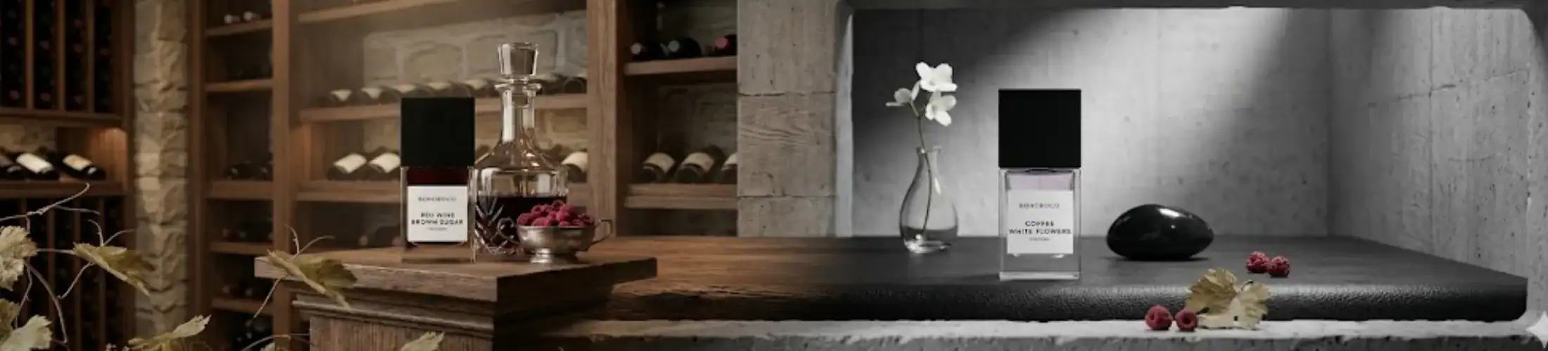 Elegant display of high-end perfumes and skincare items in a sophisticated boutique setting.