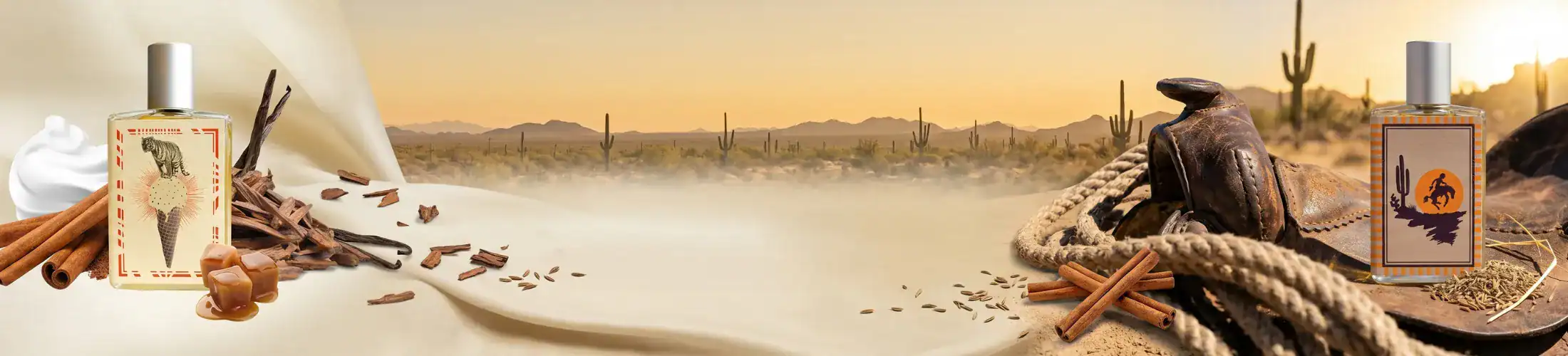 Exotic desert scene with perfume bottles, spices, and cacti at sunset.