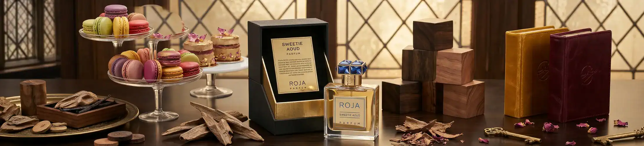 Luxurious perfume and skincare display with elegant packaging and decorative elements.