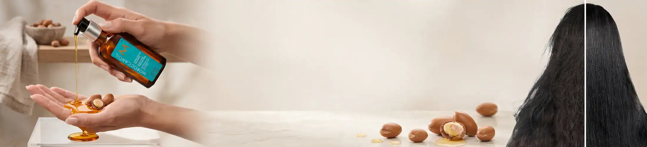 A hand holding a skincare bottle dispensing product onto a palm, with scattered nuts and a woman wit.