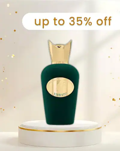 Elegant perfume bottle with gold accents and a cat-shaped cap, promoting a special discount offer.