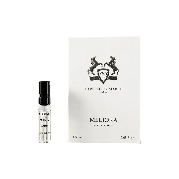 Miniature perfume vial and elegant packaging for Meliora Eau de Parfum by Parfums de Marly.