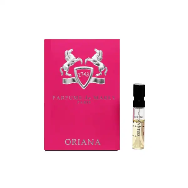 Luxurious Oriana perfume sample with pink packaging and elegant branding.