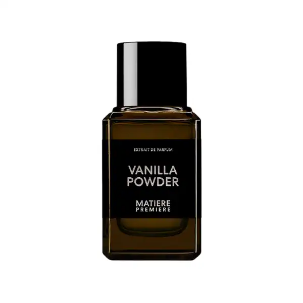 Elegant Vanilla Powder perfume bottle with black cap and sleek label design.