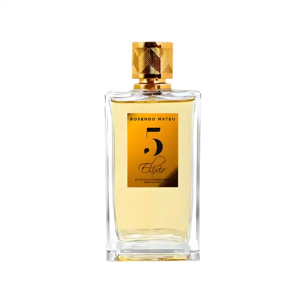 Elegant perfume bottle featuring a gold cap and minimalist label design.