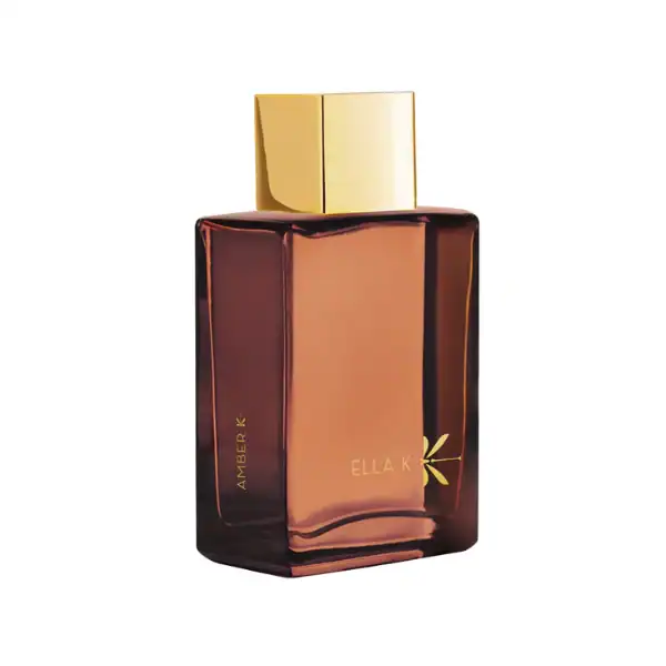 Ella K Amber K Eau de Parfum - A luxurious fragrance in a sleek amber bottle with gold accents.
