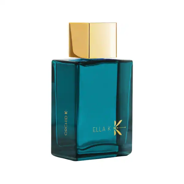 Ella K Orchid K Eau de Parfum - A luxurious fragrance in a teal glass bottle with gold cap.