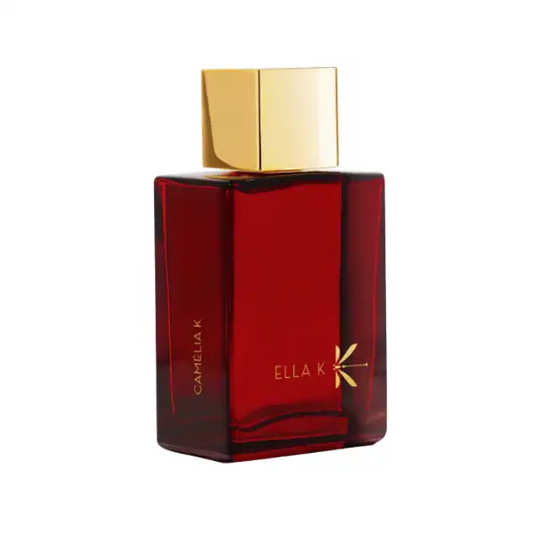 Ella K Amber K Eau de Parfum - A luxurious fragrance in a deep red bottle with gold accents.