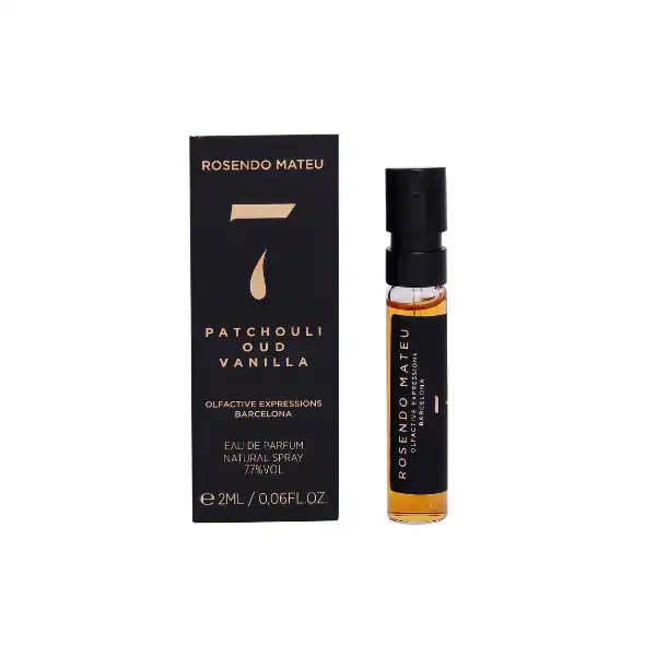 A small vial of Rosendo Mateu Patchouli Oud Vanilla fragrance with black and gold packaging.