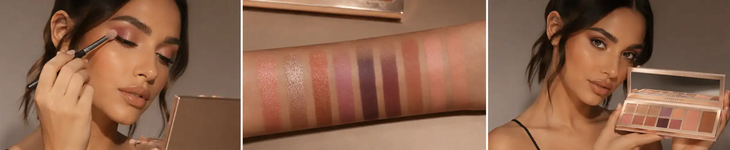 Close-up of a woman with makeup brushes applying eyeshadow, showcasing beauty and skincare expertise.