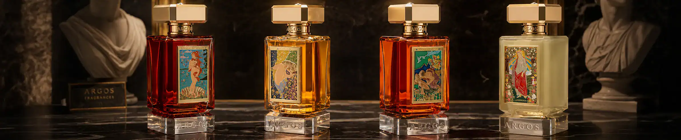 Luxury niche perfume bottles with intricate labels and gold accents on a dark background.