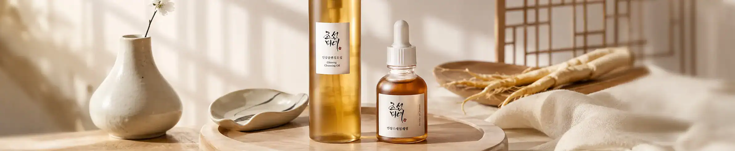 Luxury skincare and niche perfume products displayed on a wooden table.