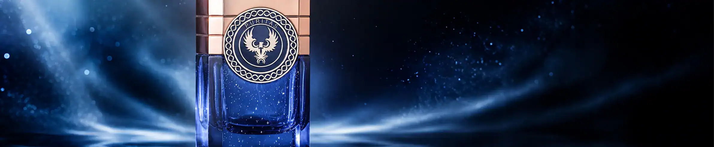 A luxurious blue perfume bottle with gold details, set against a cosmic background with light streak.
