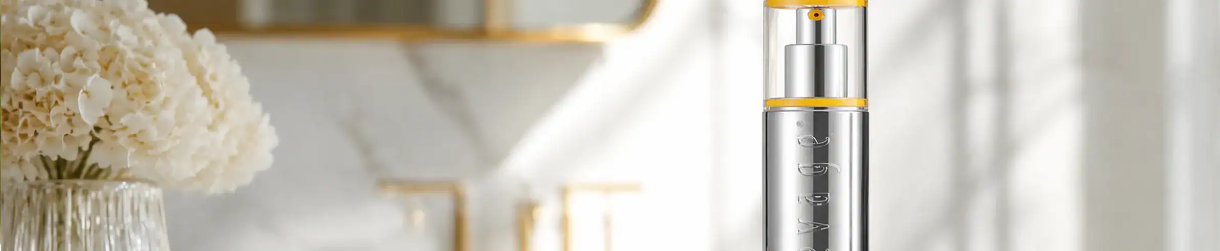 Luxury skincare serum bottle with a sleek design and gold accents.