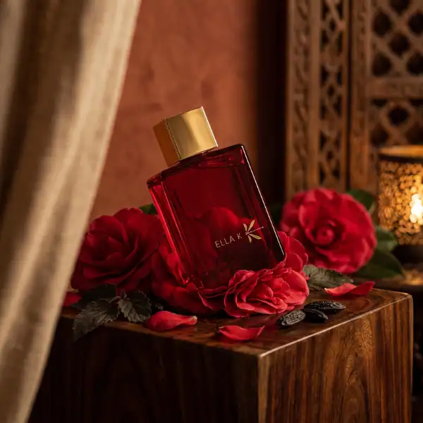 Ella K Camelia K Eau de Parfum - Luxurious fragrance in a red glass bottle with gold cap.