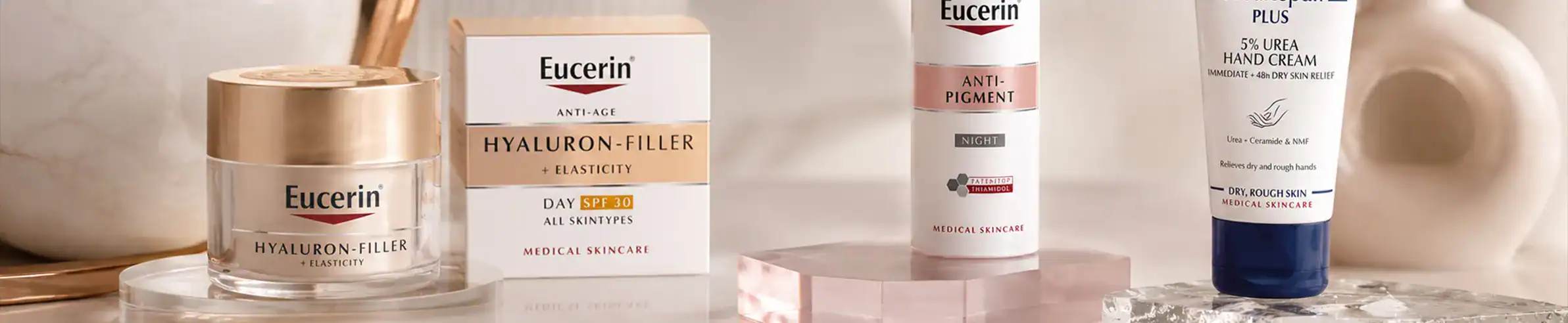 Eucerin Hyaluron-Filler and Anti-Age Day Creams for youthful, hydrated skin.