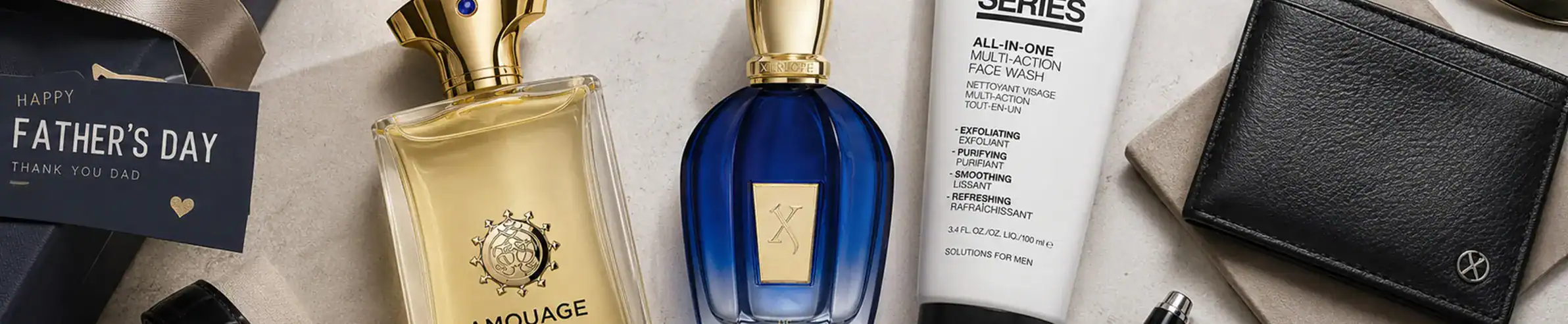 Elegant perfume bottles and skincare essentials for a high-end beauty routine.