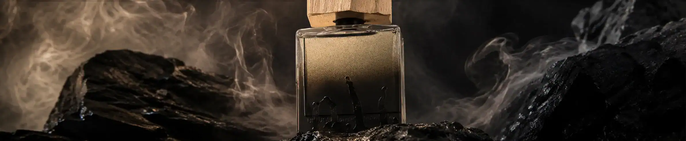 Luxurious niche perfume bottle with a sleek black design, surrounded by smoky, mysterious ambiance.