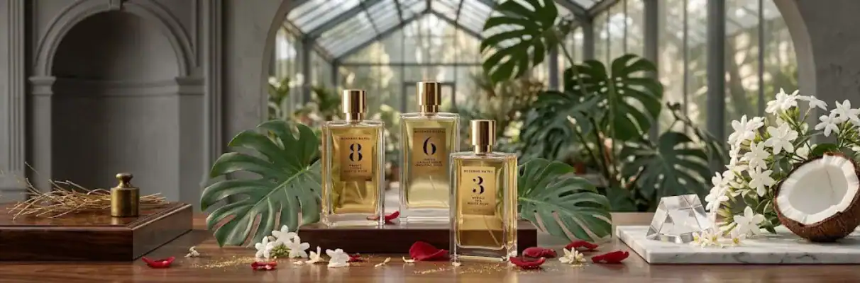 Elegant display of high-end perfume bottles surrounded by lush tropical leaves and white flowers in.