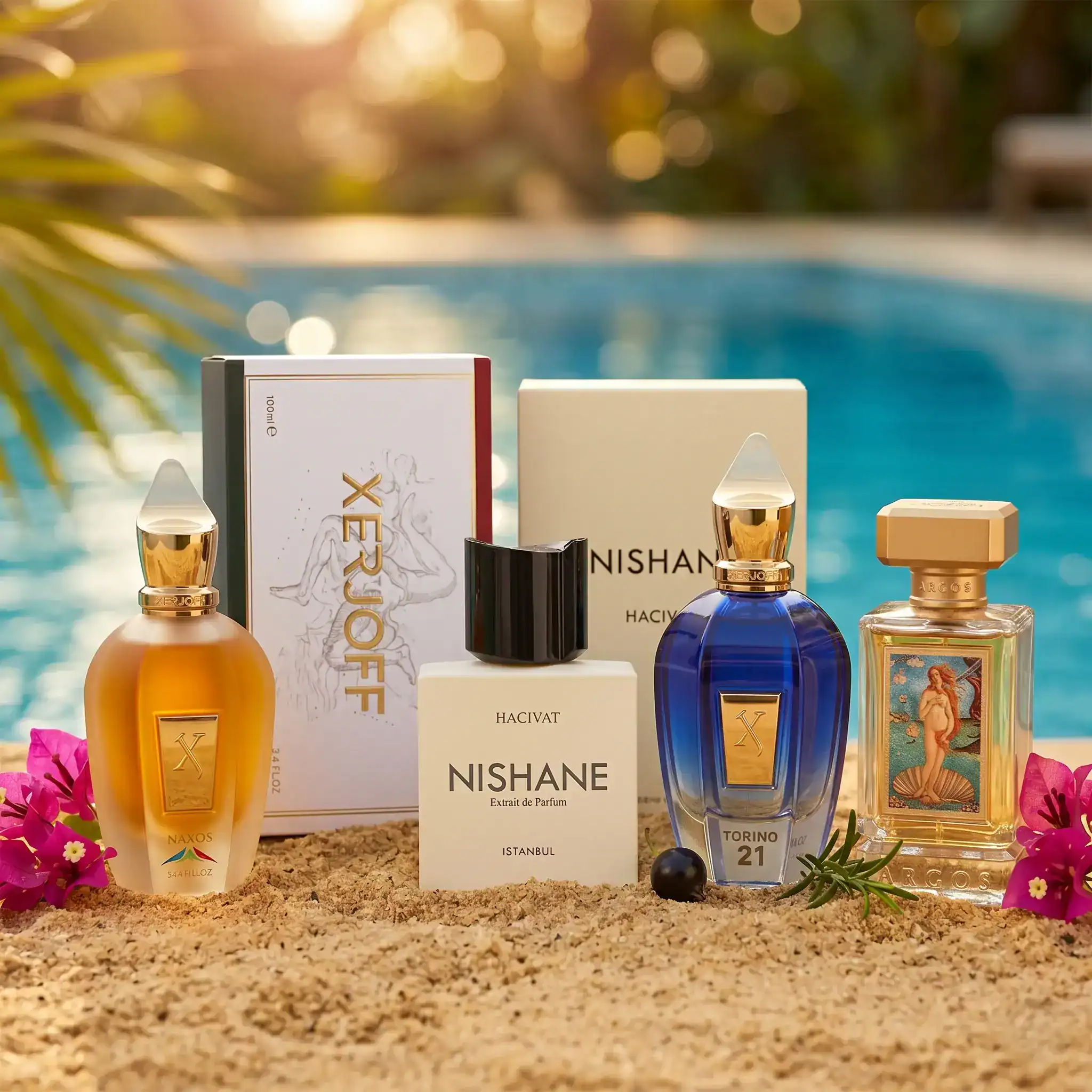 Luxurious Nishane and Exurof perfumes displayed outdoors with vibrant flowers and poolside backgroun.