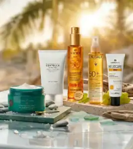 Elegant skincare and SPF sunscreens from NUXE, Caudalie, and others on a natural setting.