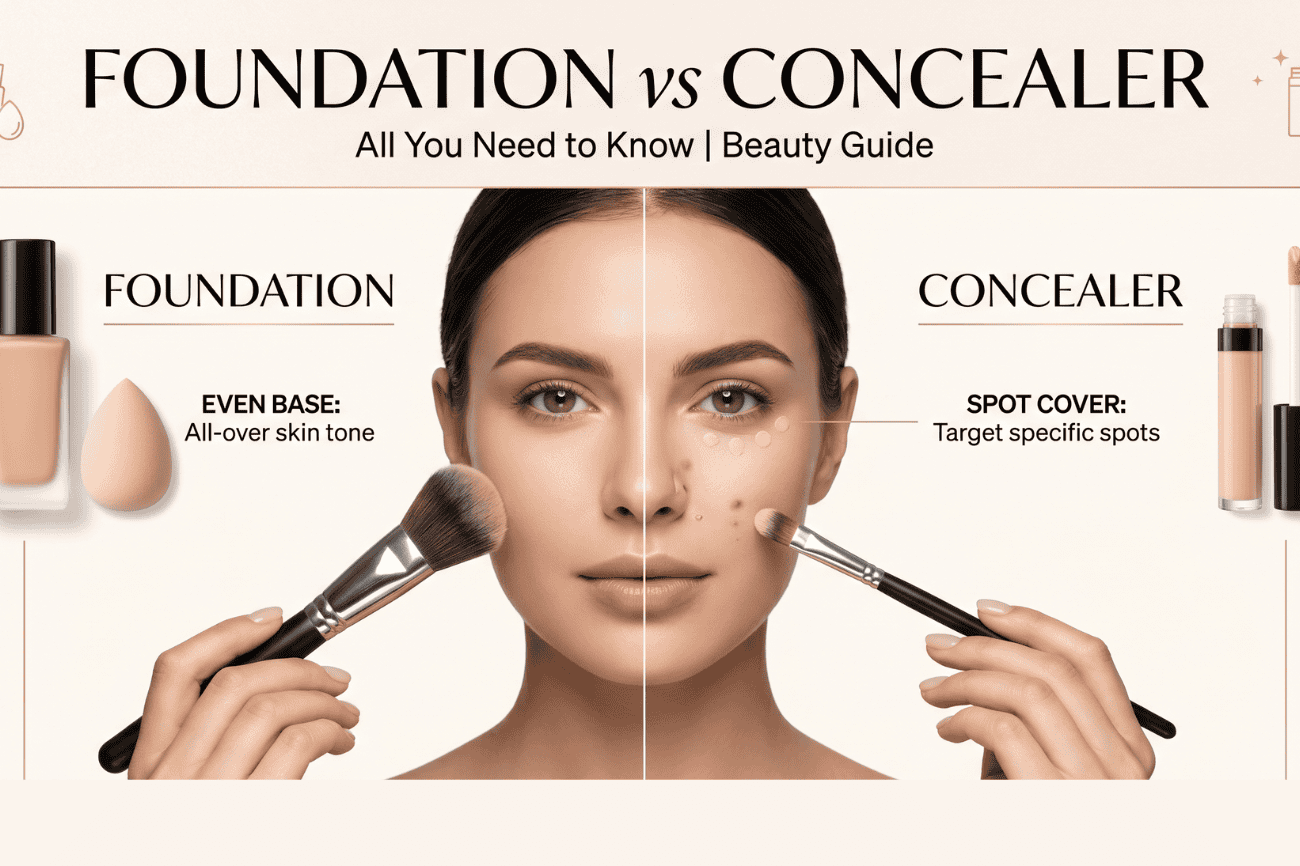 Comparison of foundation and concealer for skincare and makeup.
