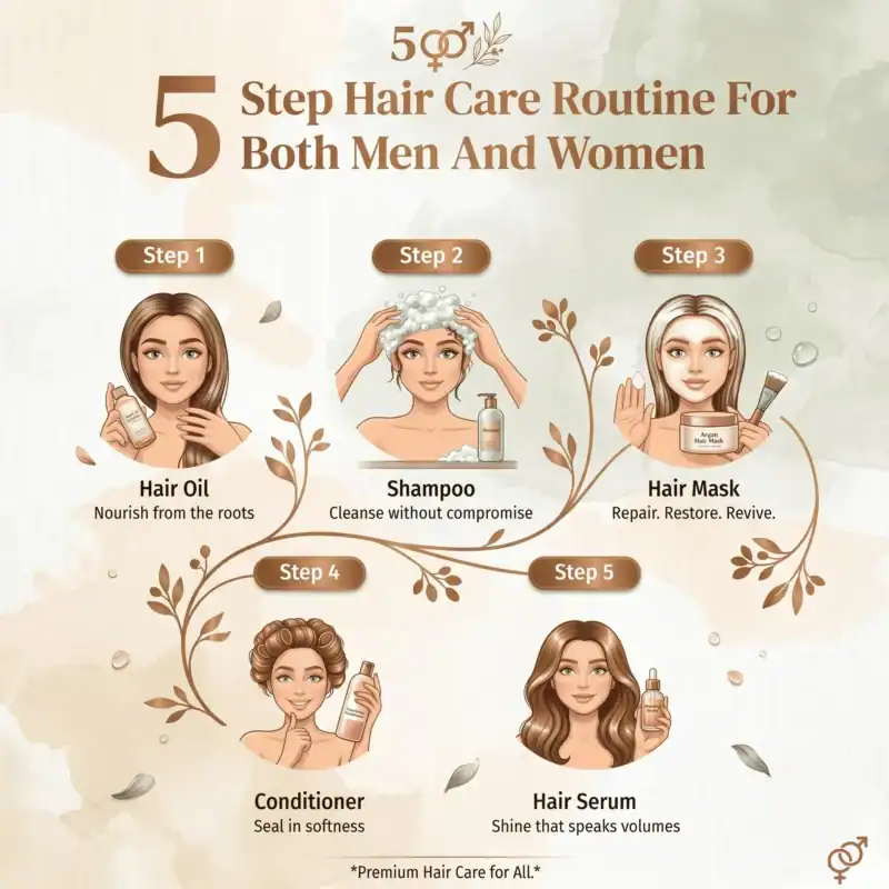 Brand name and product type not specified, hair care routine illustration.