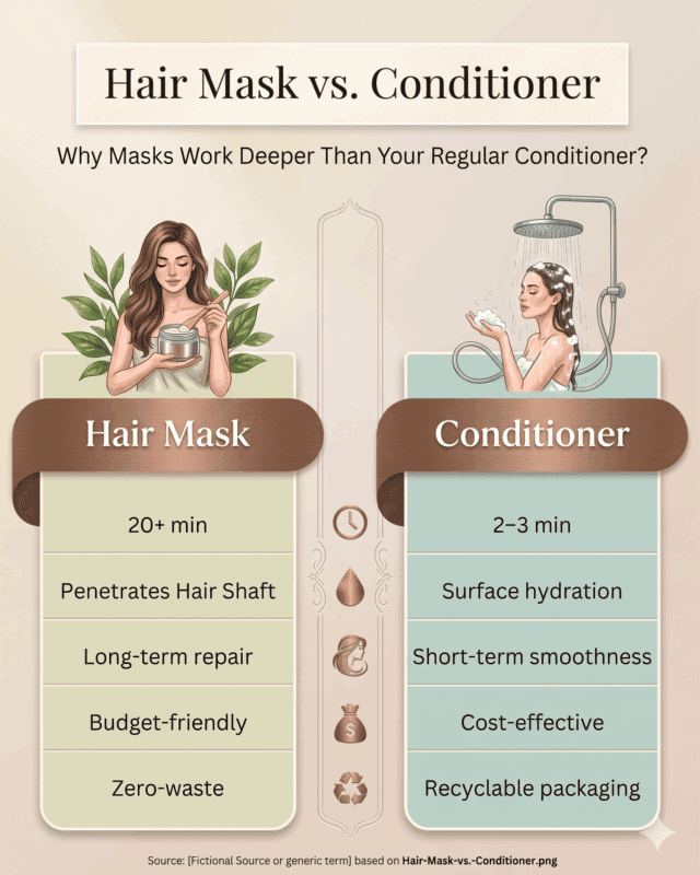 Comparison of hair mask and conditioner benefits for healthy, shiny hair.