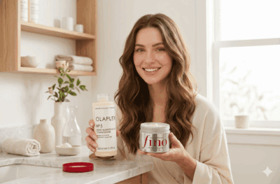 Woman holding skincare products in a bright, modern bathroom setting.