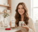 Woman holding skincare products in a bright, modern bathroom setting.