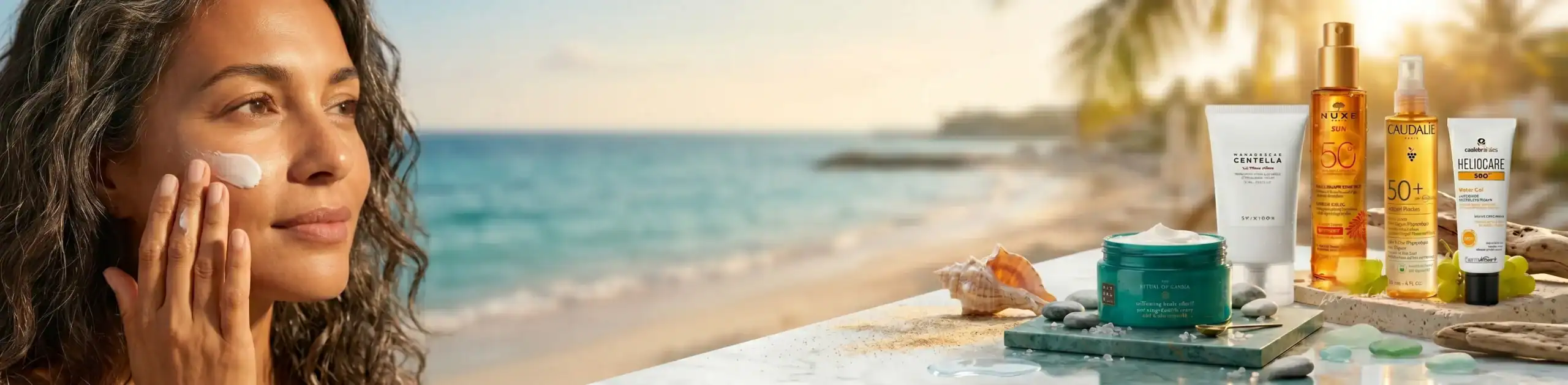 Relaxing skincare and niche perfume collection displayed outdoors by the sea.