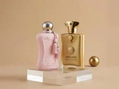 Amouage Jubilation 40 perfume bottle with pink and gold design at Beautinow.