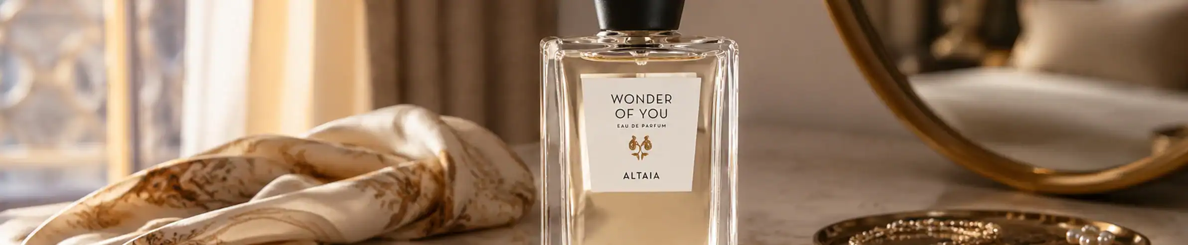 Wonder of You perfume by Altia, luxury fragrance bottle, clear glass with white label.
