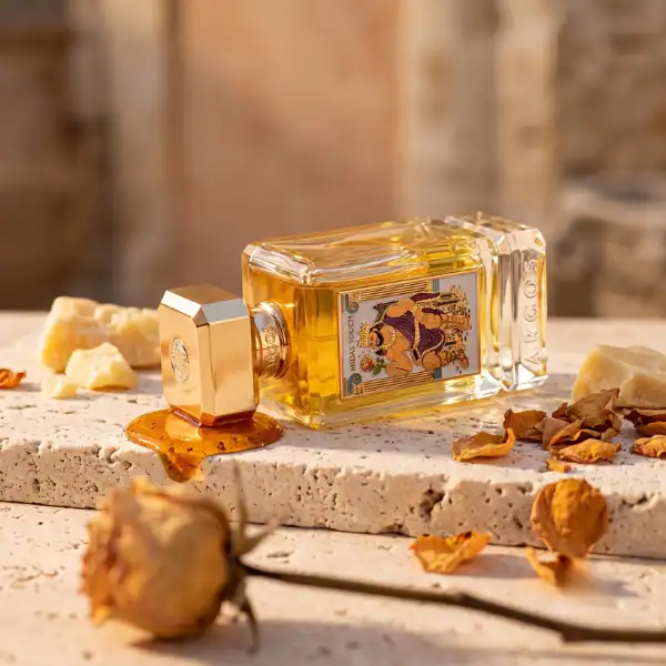 Argos Fragrances Midas Touch Extrait de Parfum bottle with gold accents and label.