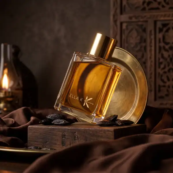 Ella K Ghibli Eau de Parfum - A luxurious fragrance in a sleek glass bottle with gold accents.