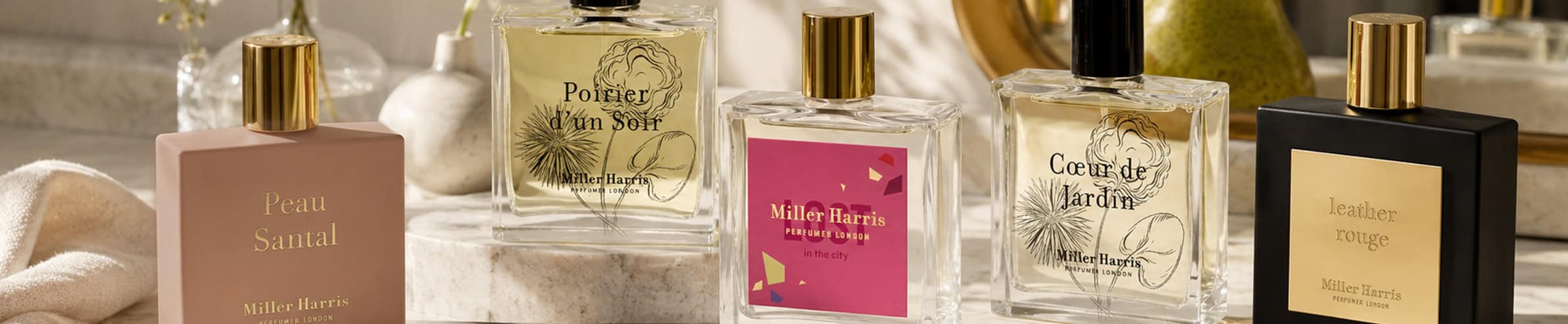 Mille Barris luxury skincare collection with elegant bottles and labels.