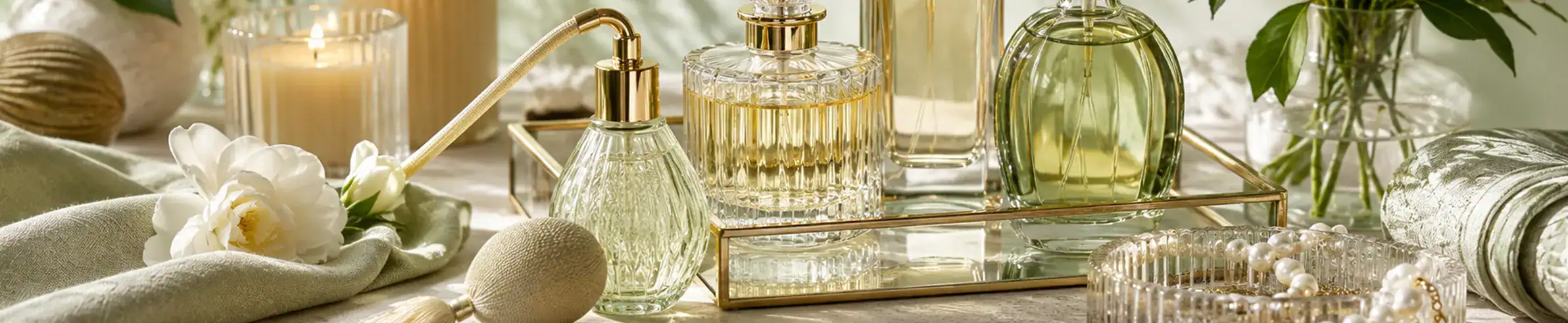 Luxury skincare collection with elegant glass bottles and gold accents at Beautinow.