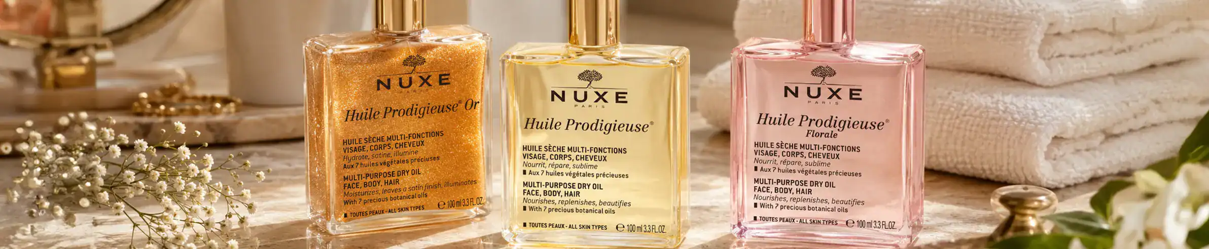 Nuxe Huile Prodigieuse collection - A luxurious multi-purpose dry oil set at Beautinow.