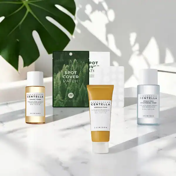 Centella skincare set with toner, ampoule, and patch for soothing skin at Beautinow.