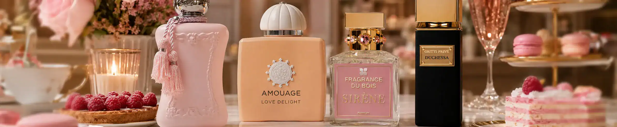 Amouage luxury perfume bottle with elegant pink design and gold accents.