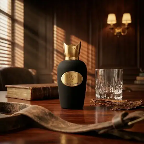 Erba Leather perfume bottle with gold cap and black matte finish.