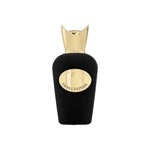 Erba Leather perfume bottle with black and gold design.