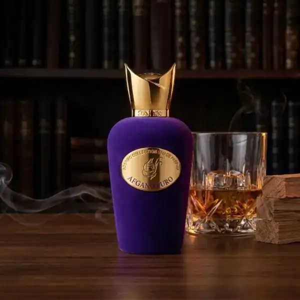 Sospiro Afgano Puro Eau de Parfum bottle with gold crown cap and purple velvet cover.