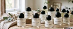 Byredo perfume collection in minimalist glass bottles with black caps.