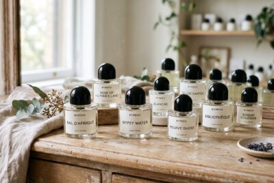 Byredo perfume collection in minimalist glass bottles with black caps.