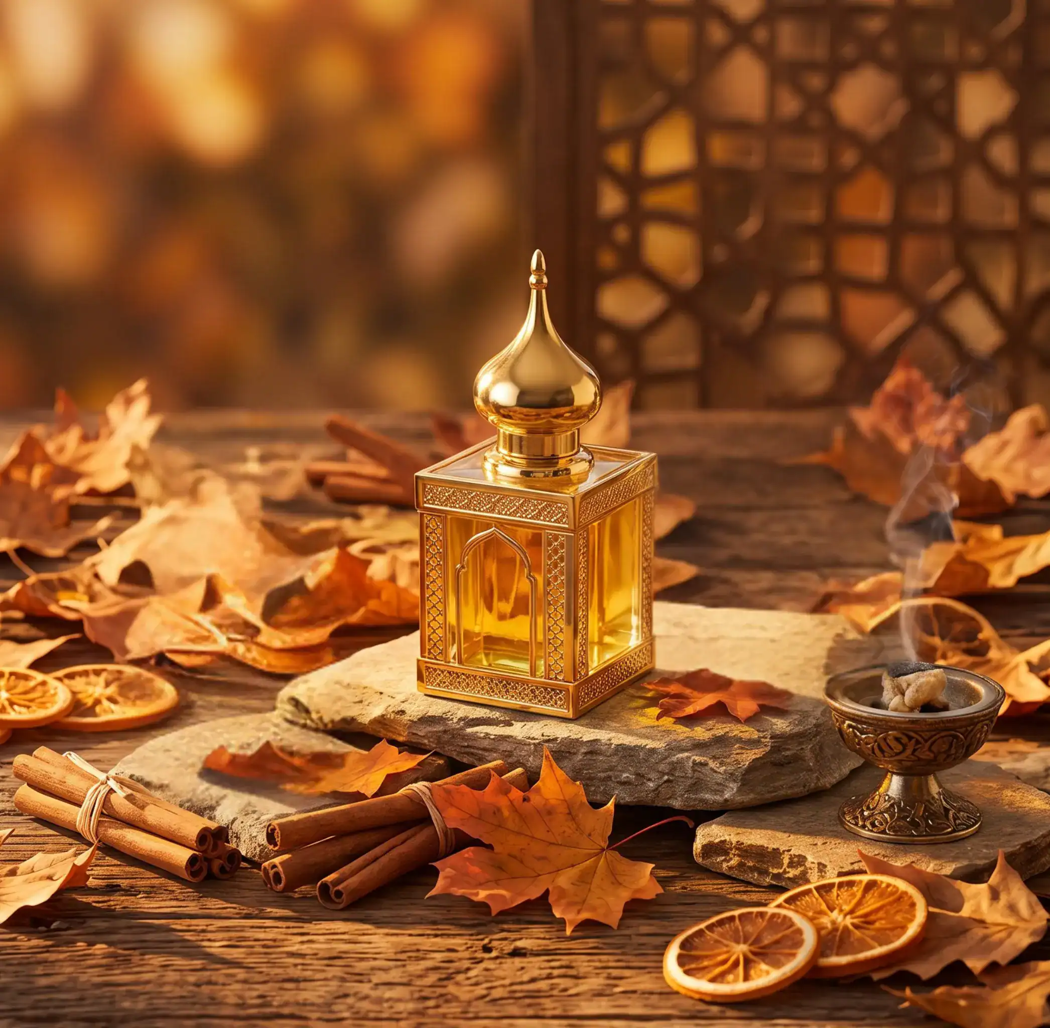 Luxury perfume bottle with gold cap and intricate design, surrounded by autumn leaves and cinnamon.